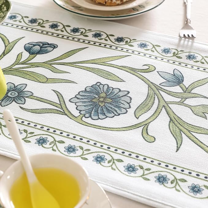 ISAENNE Designer Elegant Linen Table Runner 87 Inches Long, Vintage Blue Floral - Image 3