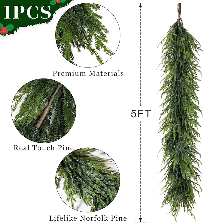 5FT Christmas Artificial Norfolk Pine Garland - Image 6