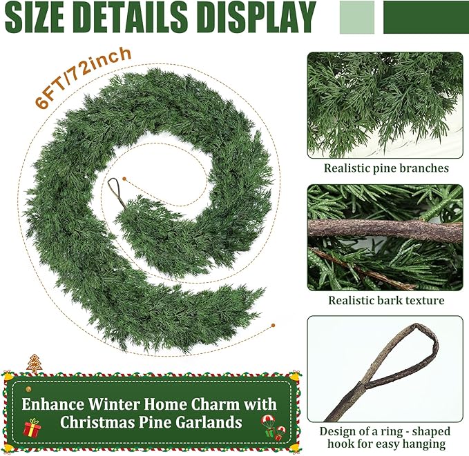 6ft Christmas Cedar Garland, Real Touch Pine Garland, Realistic Cypress - Image 2