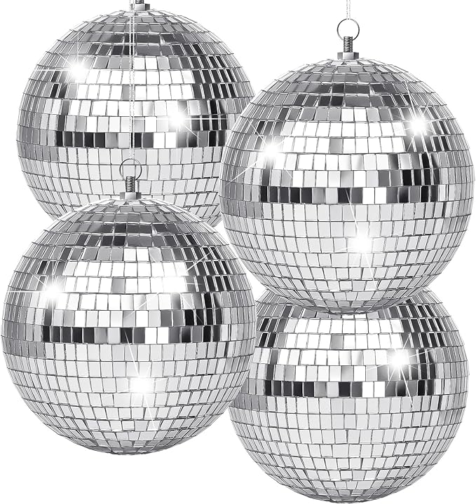 4 Pack Large Disco Ball Silver Hanging Disco Balls Reflective Mirror Ball by CHENGU
