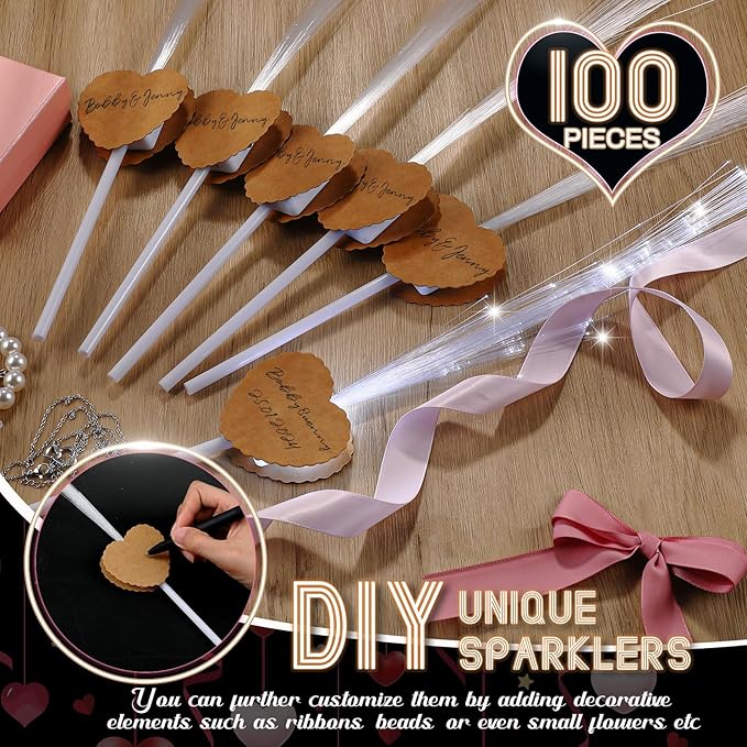 100 Pcs Wedding Sparklers Heart Shaped LED Glow Sticks Fiber Optic Wands Light - Image 2