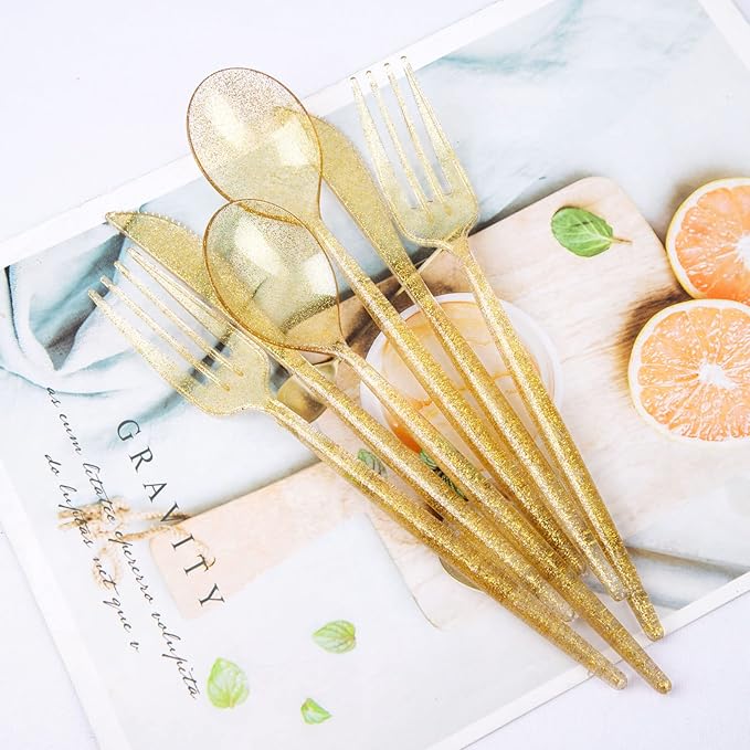 Supernal 180pcs Gold Plastic Silverware Durable Plastic Silverware Gold Glitter - Image 4