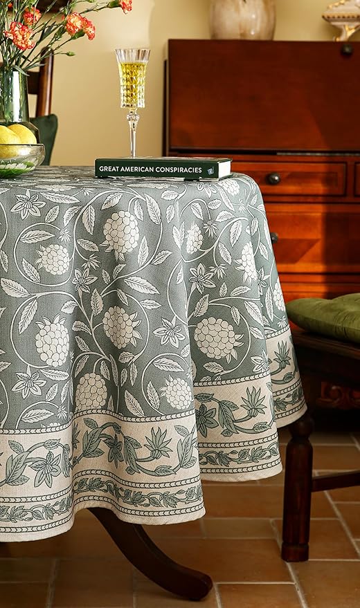ISAENNE Designer Grayish Green Linen Round Tablecloth, Floral Elegant Stain - Image 7