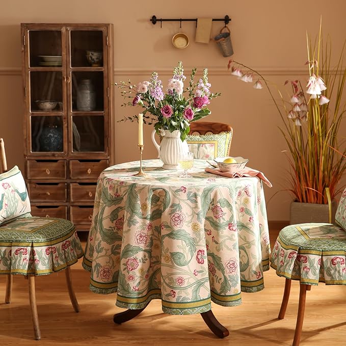 patdrea Designer Vintage Green Round Tablecloth, Linen Leaves Floral Pattern - Image 2