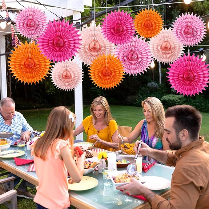 BestoFun 12PCS Paper Fans Orange and Hot Pink Party Decorations Tissue Paper - Image 7