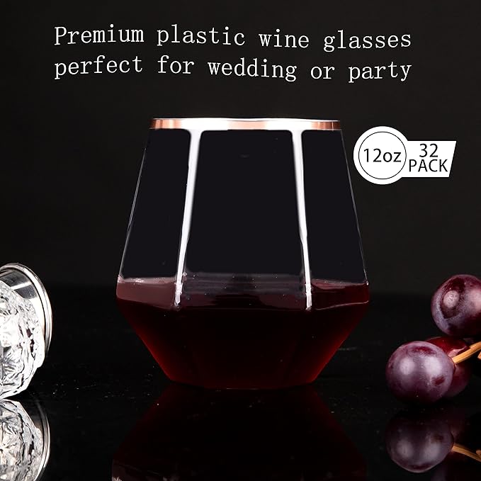 LUODA 32 Pack Rose Gold Diamond Wine Glasses, 12 Oz Stemless Rose Gold Rim Wine - Image 2