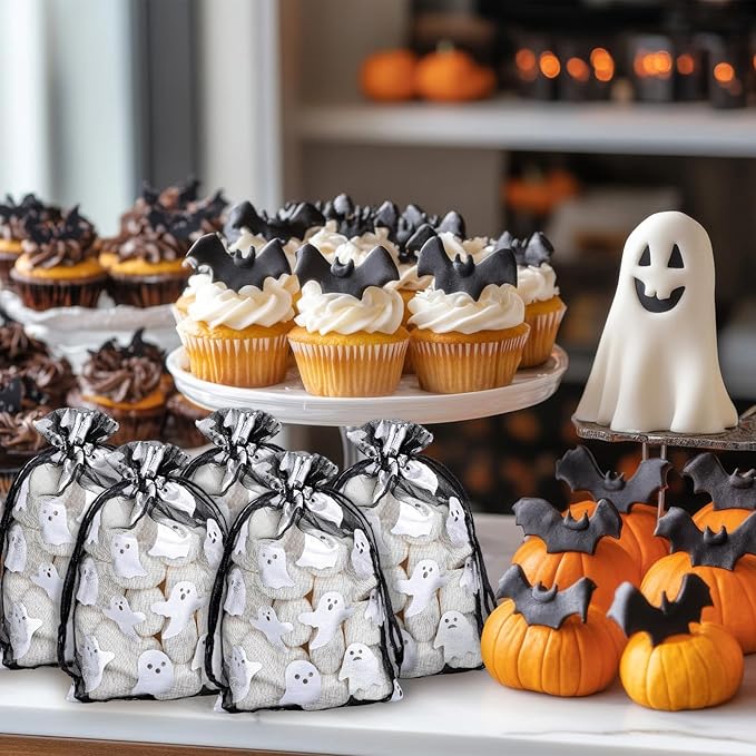 Whaline 100Pcs Halloween Organza Drawstring Bags Cute Foil Silver Ghost Jewelry - Image 6