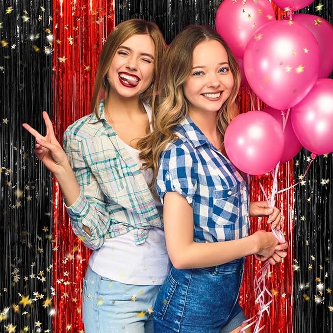 Black Red Tinsel Foil Fringe Curtains, 2 Pack 3.3x8.3 Feet Party Streamer - Image 4