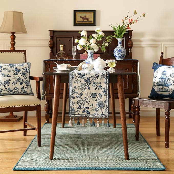 Decorative Linen Table Runner 71 Inches Long, Chinoiserie Blue Floral Cloth - Image 2