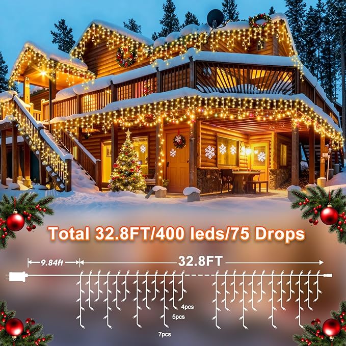 KNONEW Christmas Lights Outdoor Decorations 400 LED 33ft 8 Modes Curtain Fairy - Image 2
