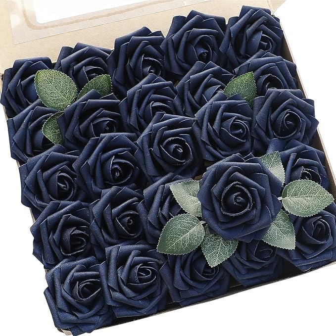 Floroom Artificial Flowers 50pcs Real Looking Navy Blue Foam Fake Roses by Floroom