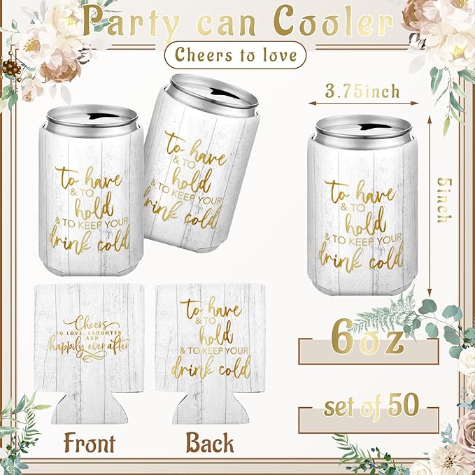 50 Pieces Wood Grain Wedding Can Cooler Sleeves Bulk Engagement Party Favors - Image 6