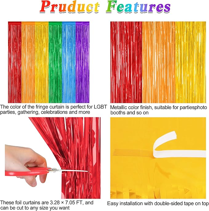 12 Pack Rainbow Backdrop, 3.28 FT x 7.05 FT Pride Decorations, Metallic Fringe - Image 4