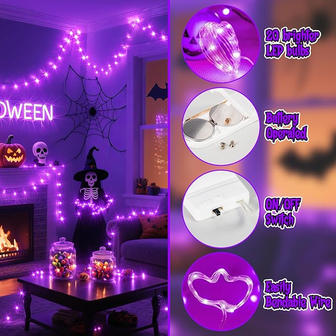 TingMiao Halloween Purple Fairy Lights Battery Operate, 7.2ft 20 LEDs String - Image 2