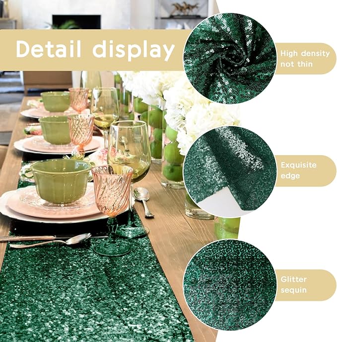 6 Packs 12 x 72 inches Sequin Table Runner, Hunter Green Glitter Table Runner - Image 5