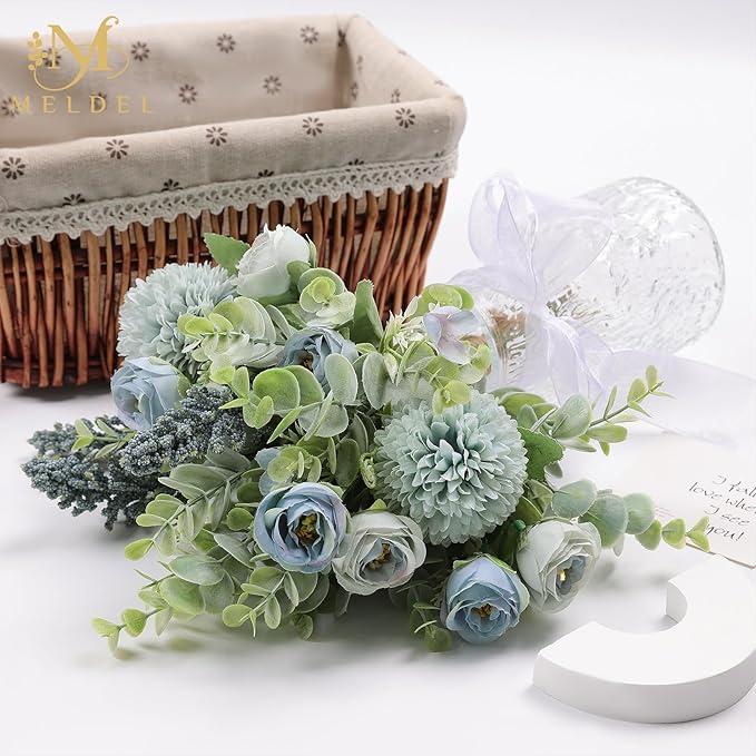 Meldel 3Pcs Rose Bouquet Blue Artificial Flowers Fake Eucalyptus Plants Silk - Image 9