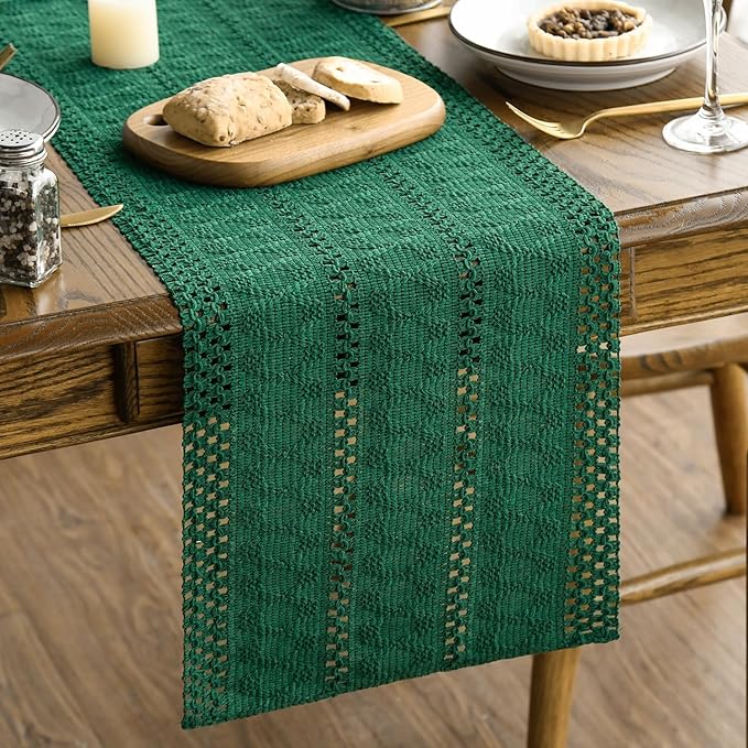 Artoid Mode Dark Green Farmhouse Woven Rustic Hollow Table Runner, Seasonal by ArtoidMode