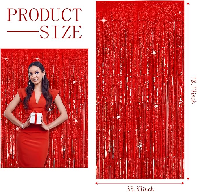 3 Pack Red Streamers Party Backdrop Christmas Decorations Foil Fringe Backdrop - Image 2