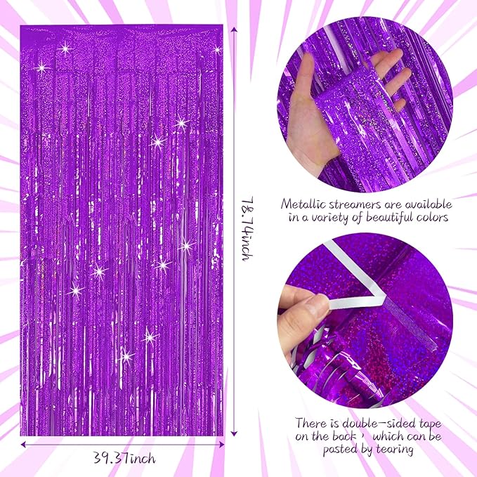 Tinsel Curtain Party Backdrop Purple Birthday Decorations 2 Packs Glitter Foil - Image 7