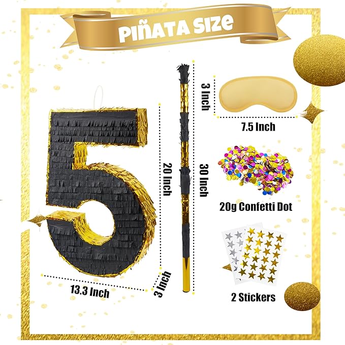 PCFING 20 Inch Number 5 Piñata Gold Black - Image 2