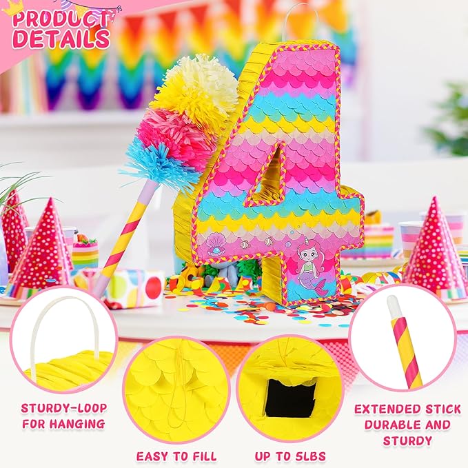Number 4 Pinata for Birthday Party Decorations, Unicorn Mermaid Theme Pink - Image 4