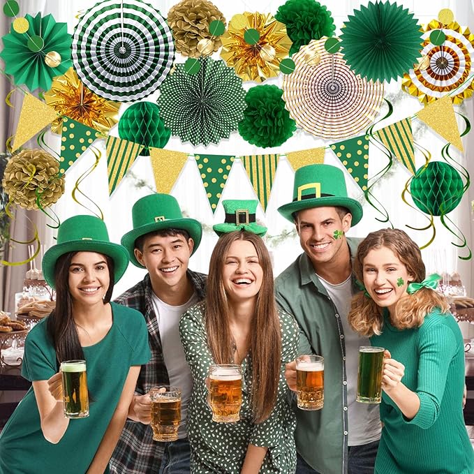 Green Gold Party Decorations Paper Fans, Graduation Season Hanging Glitter - Image 4