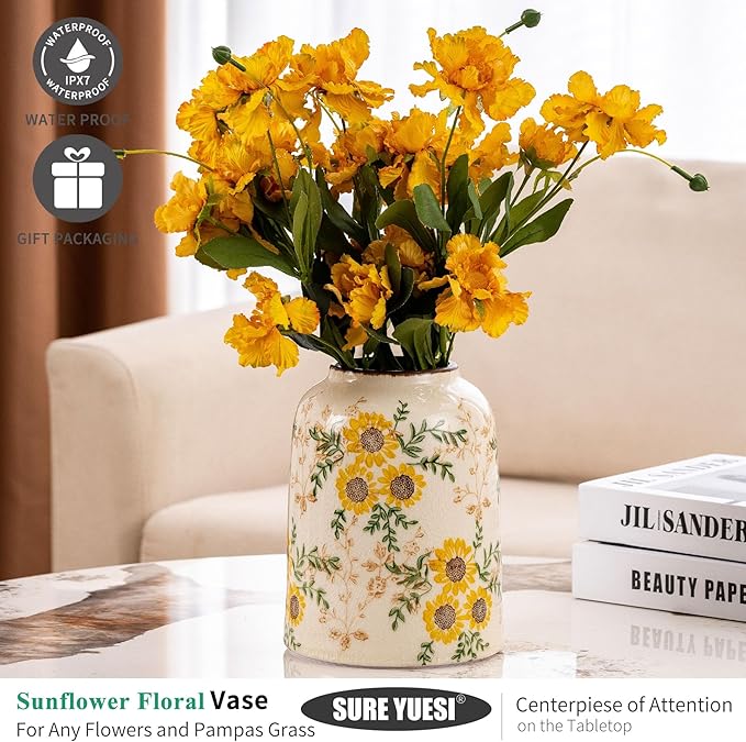 Sunflower Green and Beige Vase, Cute Floral Centerpiece Vases - Image 5