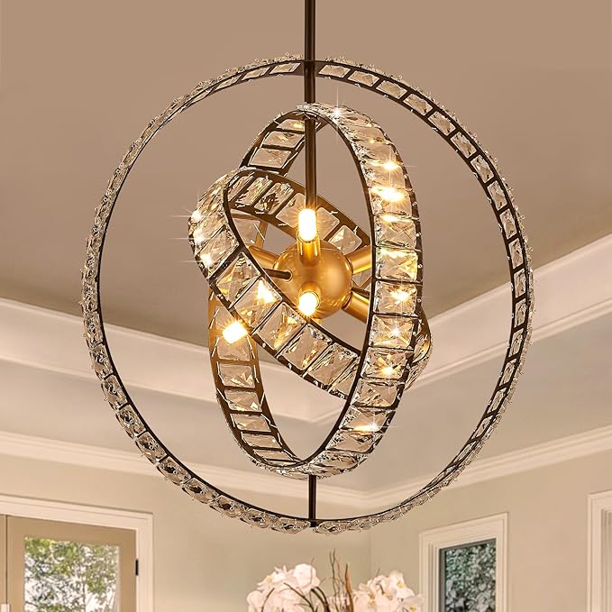 18" Crystal Globe Sputnik Chandelier, 6-Light Black Gold Modern Adjustable by TACDANDM