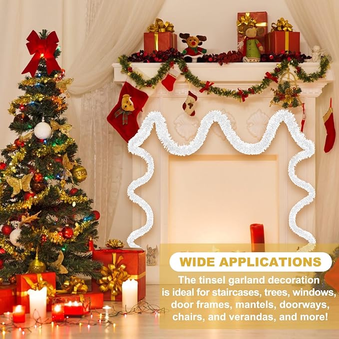 25 Feet Macaron White Christmas Tinsel Garland, Metallic Foil Twist Banner Wall - Image 3