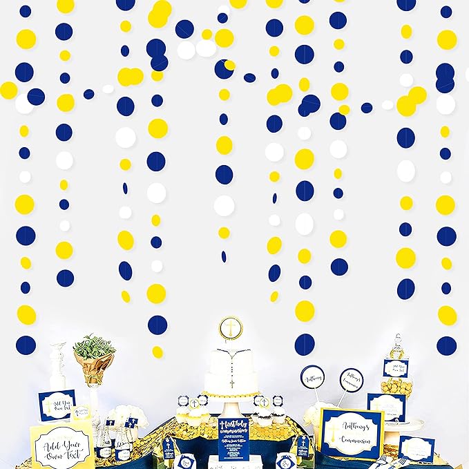 46Ft Navy Blue and Yellow Circle Dots Garland Royal Blue Yellow White Hanging - Image 3