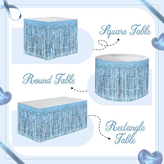 1 Pack Light Blue Table Skirts, 29x108" Metallic Foil Tinsel Fringe Table Skirts - Image 4