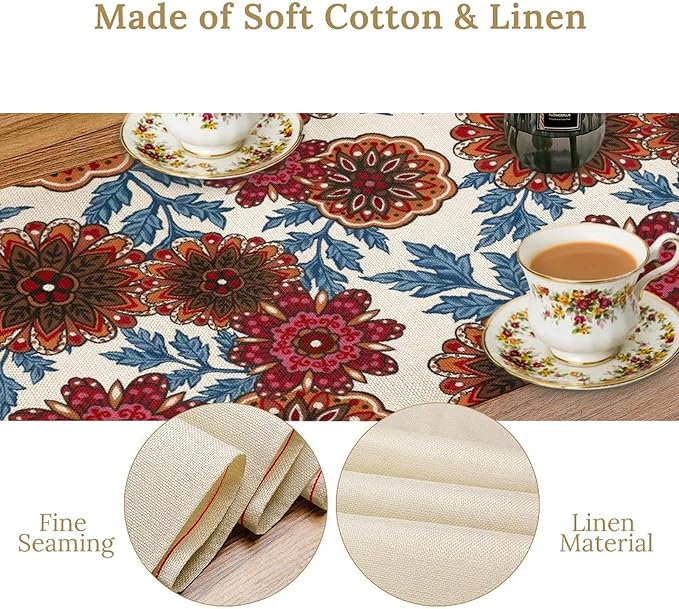 Mandala Flower Table Runner, Vintage Oriental Exotic Native Red Floral Blue - Image 6
