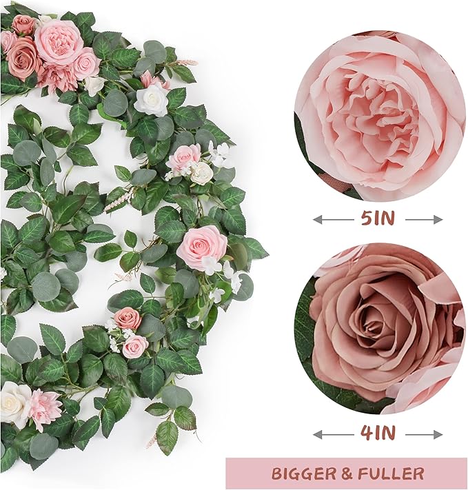 9FT Eucalyptus Garland with Flowers, Artificial Flowers Garland Table Runner - Image 3