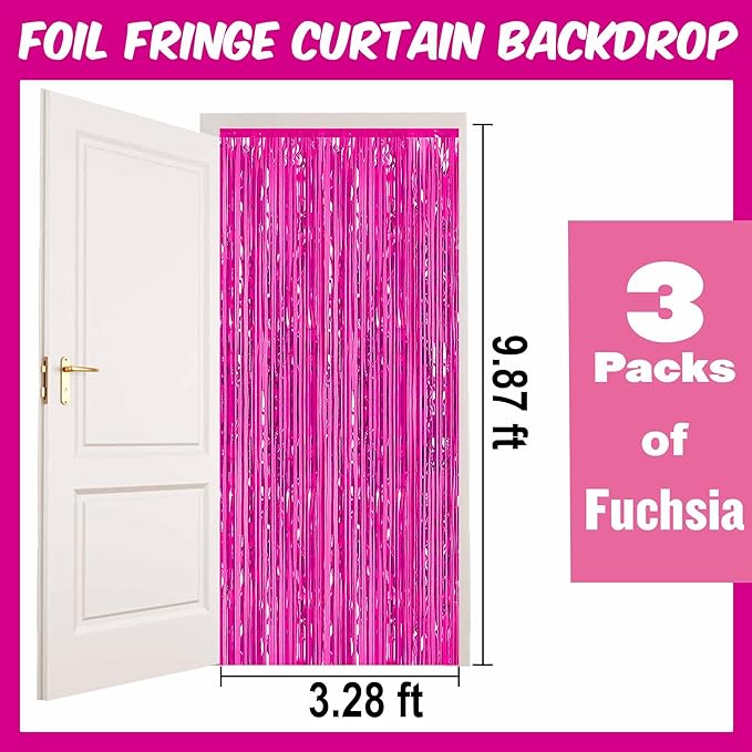 3 Pack Fuchsia Foil Fringe Curtains Backdrop, 3.28 x 9.8 Ft Metallic Streamers - Image 2