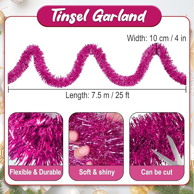 25 Feet Fuchsia Christmas Tinsel Garland, Metallic Foil Twist Banner Wall - Image 2