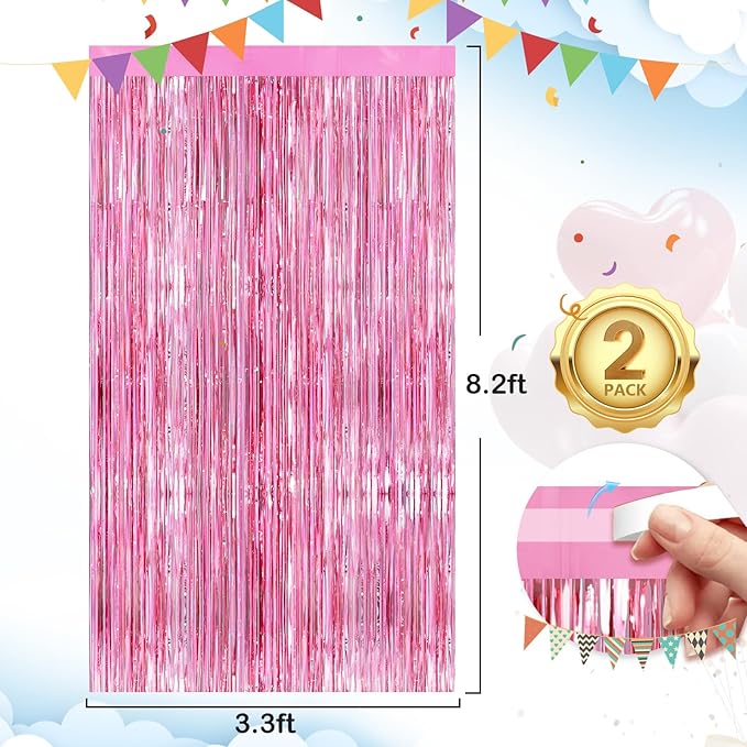 Glitter Pink Party Streamers 2Pack Glitter Foil Fringe Curtain 3.3 x 8.3ft Pink - Image 3