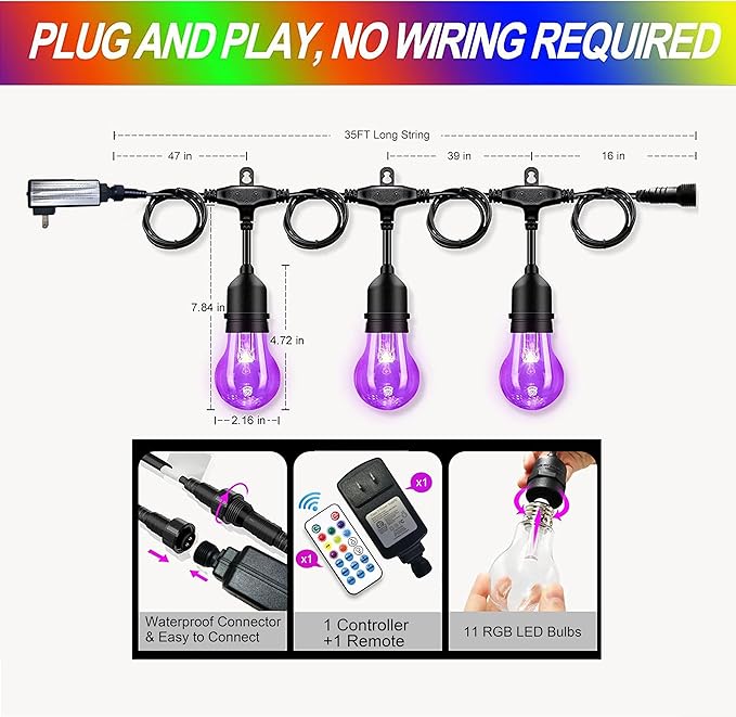 35FT Outdoor String Lights, 16 Shatterproof Edison Bulbs, Dimmable RGB Color - Image 5