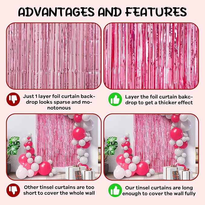 2 Pack Pink Tinsel Foil Fringe Curtains, Metallic Tinsel Party Streamers - Image 5