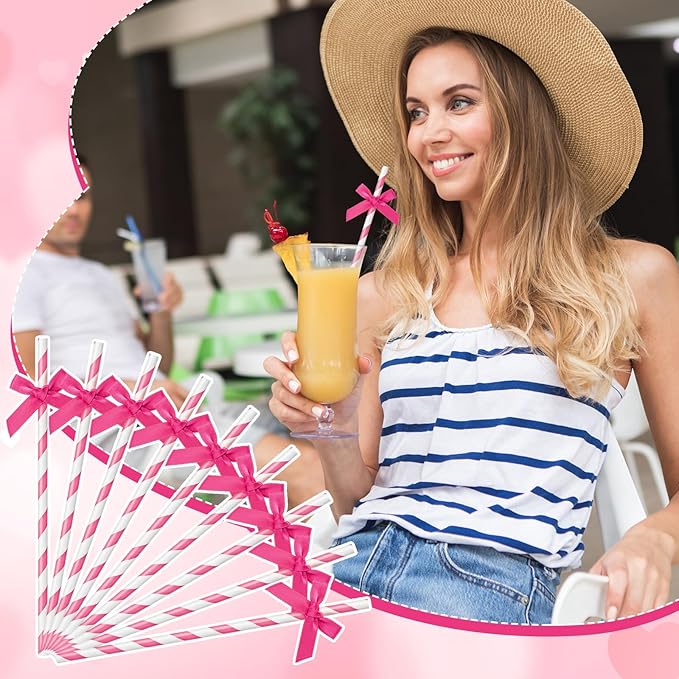 100 Pcs Rose Red Paper Straws for Drinking, Bow Disposable Striped Paper Straws - Image 5