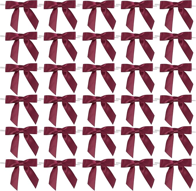AIMUDI Burgundy Twist Tie Bows 2.5" Pre Tied Maroon Bows Premade Satin Gift Bows by AIMUDI