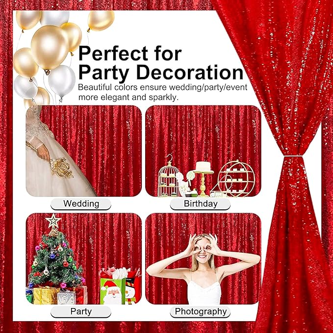 Red Sequin Backdrop Curtains Glitter Drapes 2FTx8F 2 Panels - Image 5