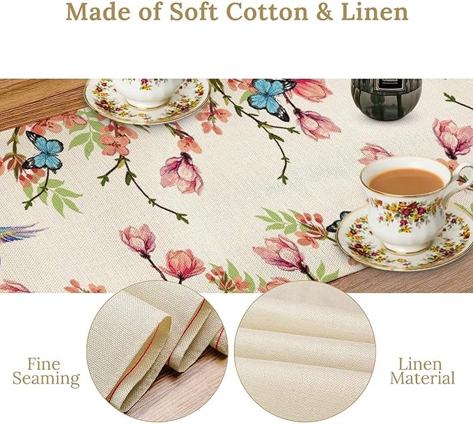 Floral Butterfly Table Runner Seasonal Spring Flower Bird Table Decoration - Image 7