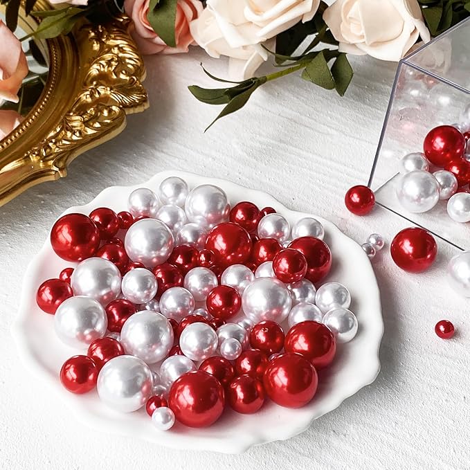 180PCS Red & White Beads for Centerpieces Vases, No Hole Polished Pearl Makeup - Image 4
