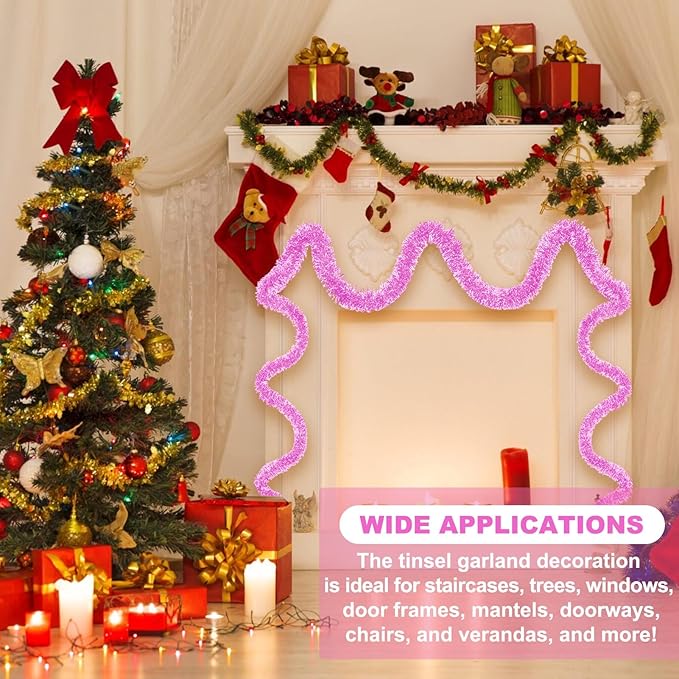 25 Feet Macaron Pink Christmas Tinsel Garland, Metallic Foil Twist Banner Wall - Image 3