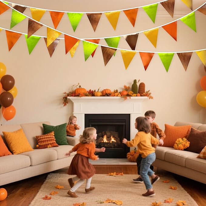 Fall Party Decorations Orange Green Gold Brown Metallic Fabric Triangle Pennant - Image 5