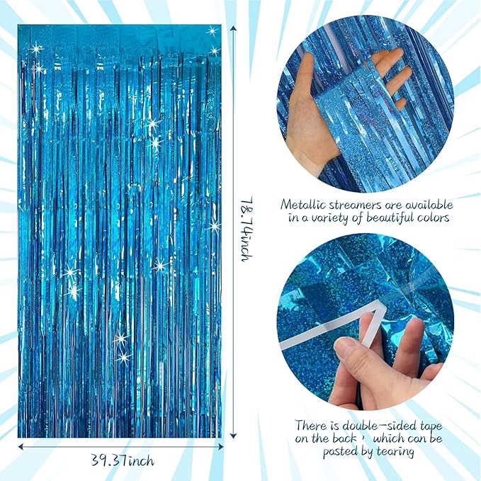 Tinsel Curtain Party Backdrop Blue Birthday Decorations 2 Packs Glitter Foil - Image 7