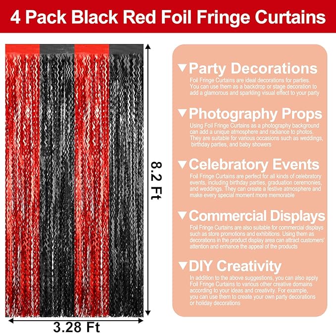 4 Pack Black Red Wave Foil Fringe Curtain Backdrop, 3.28Ft x 8.2Ft Metallic - Image 2