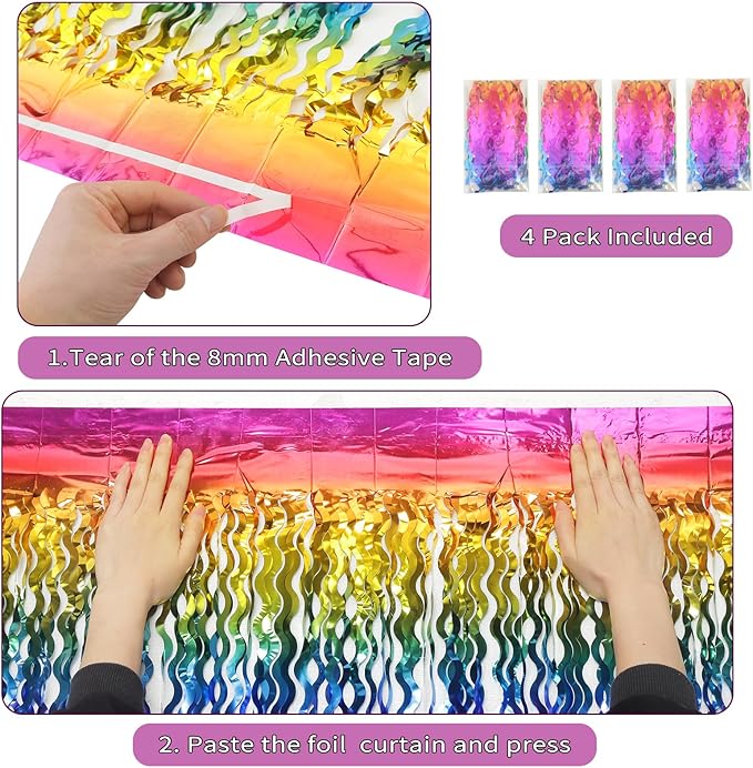 4 Pack Wavy Rainbow Foil Fringe Curtain | 3.3x6.6ft Colorful Tinsel Metallic - Image 4