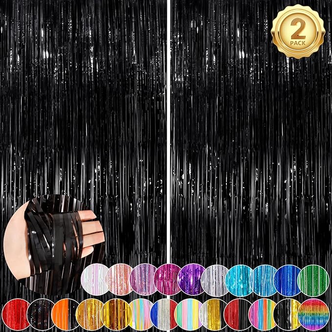 Black Fringe Curtain Party Streamers 2Pack 3.3x8.3 Ft Foil Fringe Backdrop by UWPVOWSR