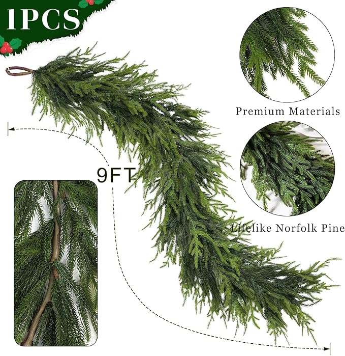 9FT Christmas Artificial Norfolk Pine Garland - Image 6
